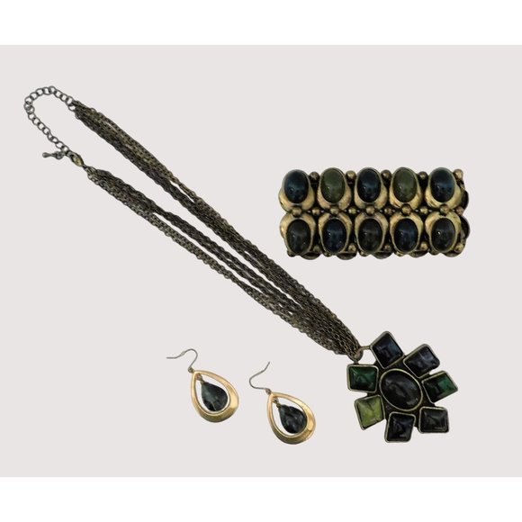 Set Necklace 16-19" Marble Pierced Fishhook Earrings Bracelet Bronze Green Blue - Picture 12 of 13